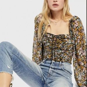 Free People Mabel Ruched Chiffon Floral Top Black Combo
